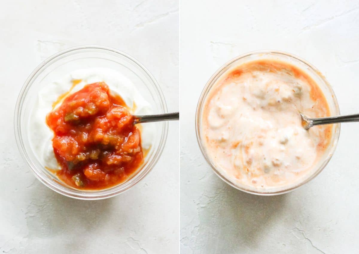 two photo collage with salsa and yogurt being mixed together before and after.