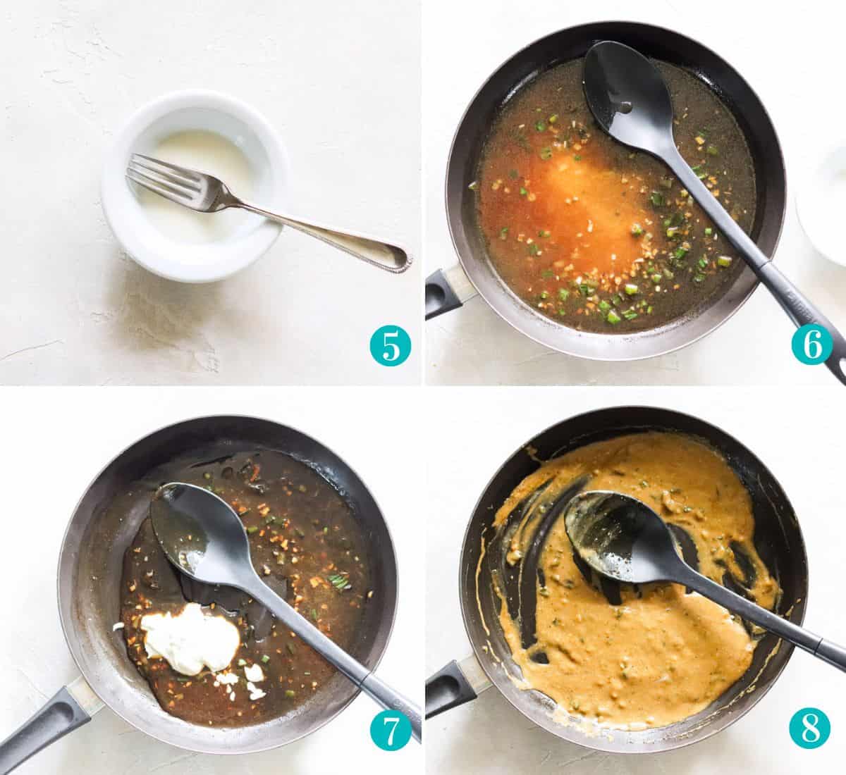 four photo collage with broth and cornstarch stirred together, cornstarch added to skillet, yogurt added to skillet, gravy stirred together in skillet.