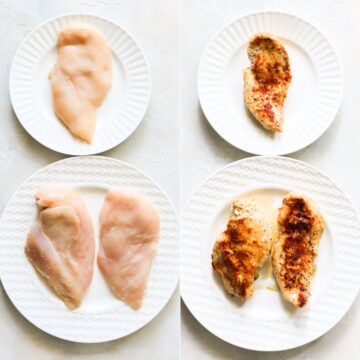 collage of two photos one side with three raw chicken breasts and the other with cooked chicken breasts.
