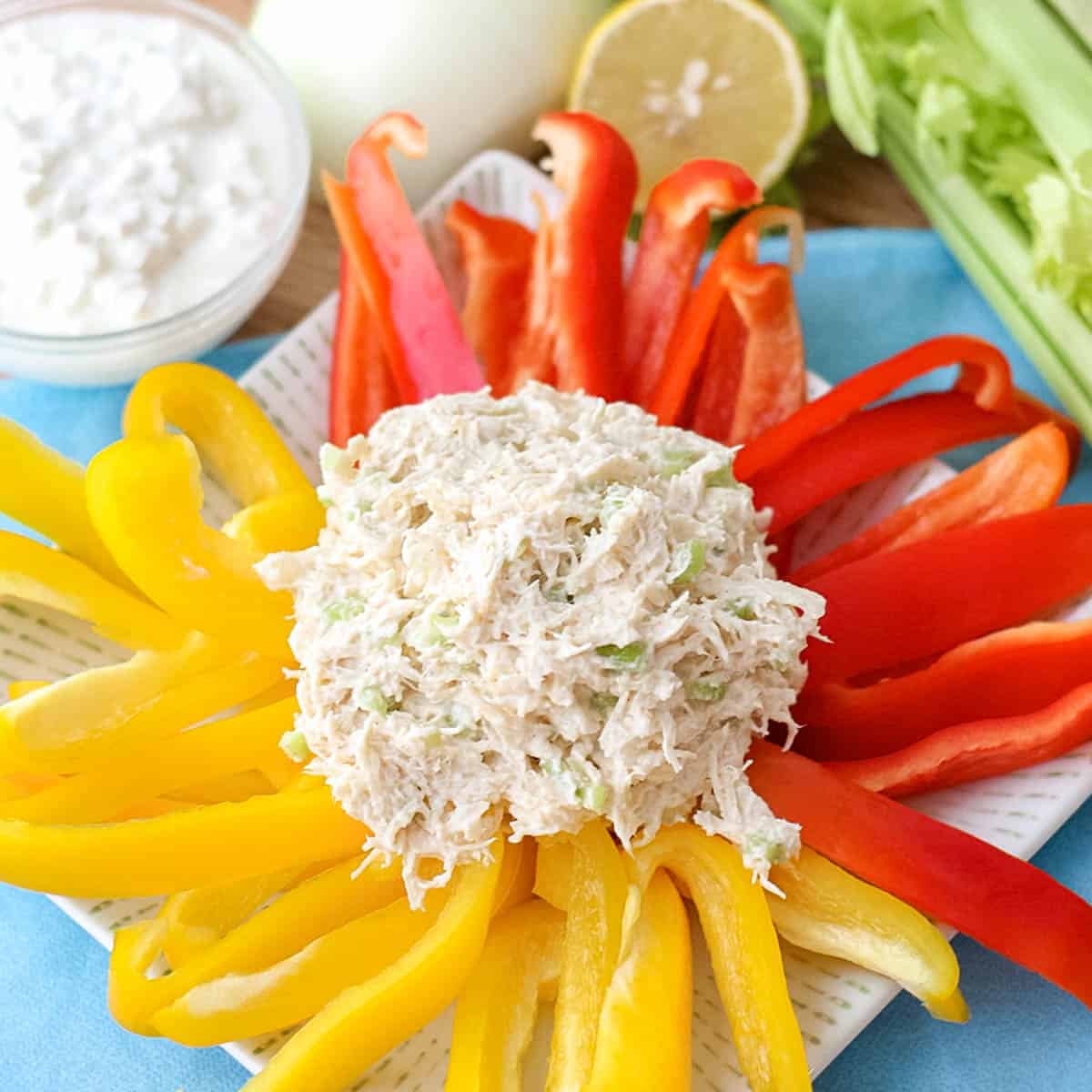 plate of red and yellow bell peppers and a scoop of chicken salad on blue tablecloth surrounded by cottage cheese, onion, lemon and celery.