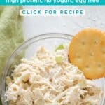 bowl of chicken salad with text overlay that says chicken salad without mayo.