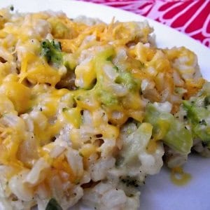 plate of broccoli and chicken rice casserole.