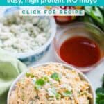 bowl of buffalo chicken salad with text overlay that says easy, high protein, no mayo buffalo chicken salad.