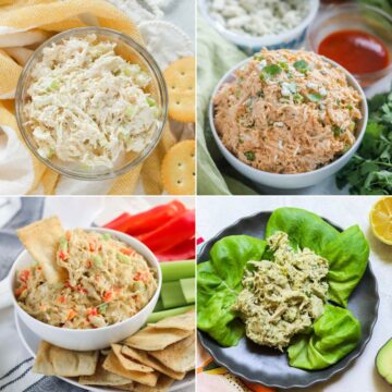 collage of four photos with chicken salad without mayo, buffalo chicken salad, hummus chicken salad, and avocado chicken salad.