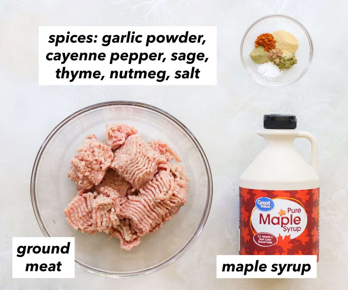 small clear bowl with spice blend, large clear bowl with ground turkey, and a bottle of maple syrup with text overlay describing ingredients.