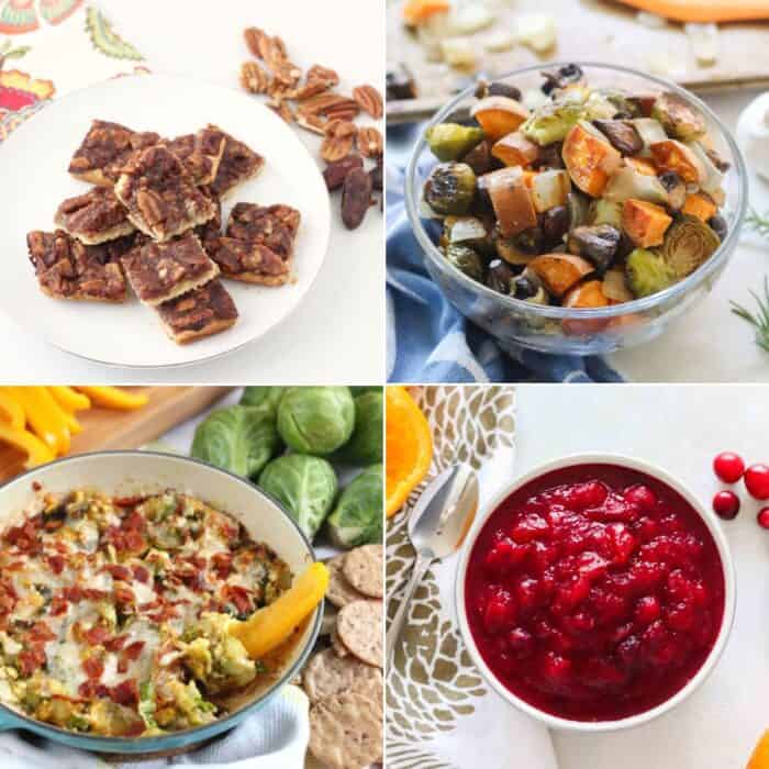four photo collage with pecan pie bars, thanksgiving roasted vegetables, Brussels sprouts dip, and a bowl of healthy cranberry sauce.