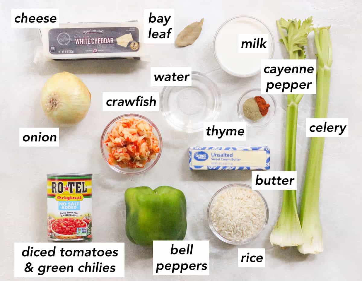 block of white cheddar cheese, yellow onion, can of rotel tomatoes, green bell pepper, bowl of crawfish tails, bowl of water, bay leaf, bowl of milk, bowl of cayenne pepper and dried thyme, stick of butter, bowl of rice, two stalks of celery.
