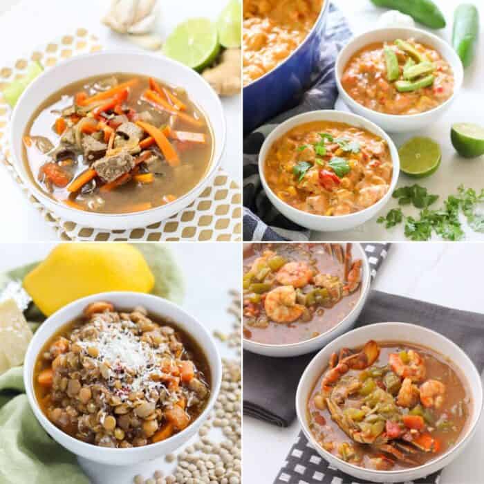 four photo collage with ginger beef soup, creamy white chicken chili, lentil soup, and seafood gumbo.
