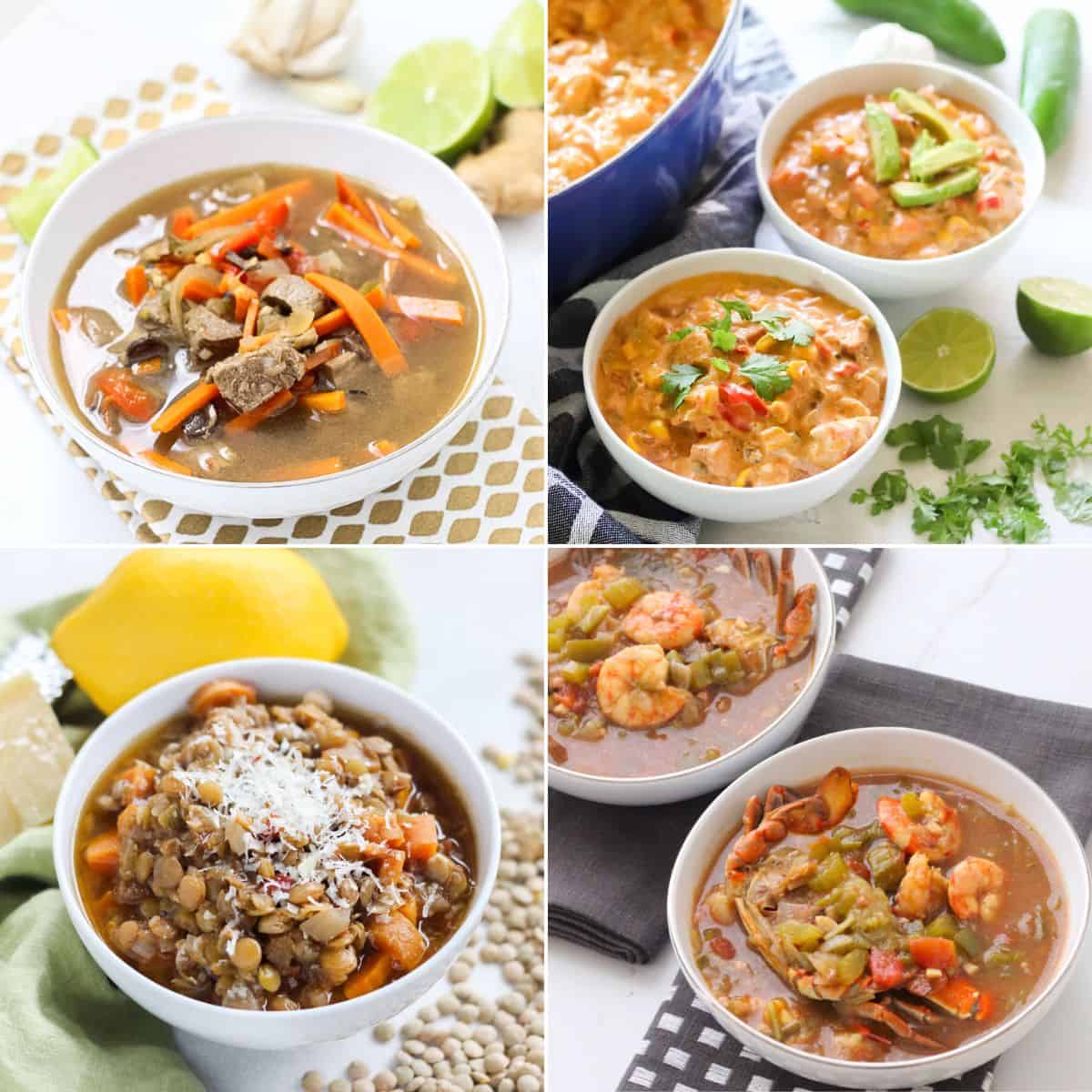 four photo collage with ginger beef soup, creamy white chicken chili, lentil soup, and seafood gumbo.