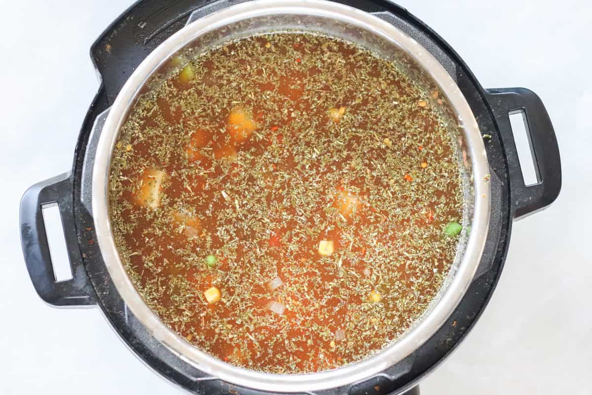 vegetable beef soup before cooking in an instant pot.