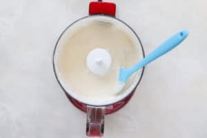 red mini food processor with blended cottage cheese and a blue spatula.