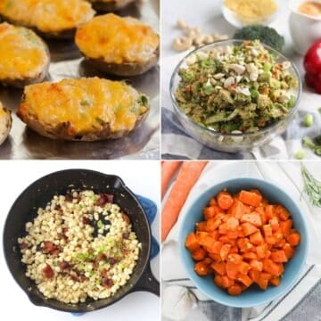 four photo collage with twice baked potatoes, broccoli salad, fried corn, and rosemary garlic carrots.