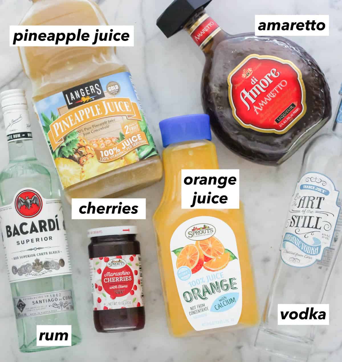 light rum, maraschino cherries, orange juice, vodka, amaretto, pineapple juice.